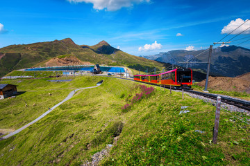 Obraz na płótnie Canvas Electric tourist train and mountain lake in background, Grindelwald, Switzerland