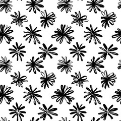Brush flower vector seamless pattern. Hand drawn botanical ink illustration with floral motif. Camomile or daisy painted by brush.