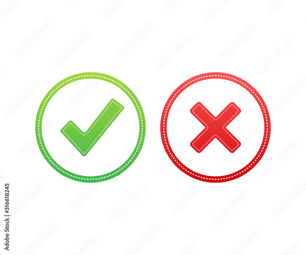 Poster tick and cross signs. green checkmark ok and red x icon. symbols yes and no button for vote. vector 