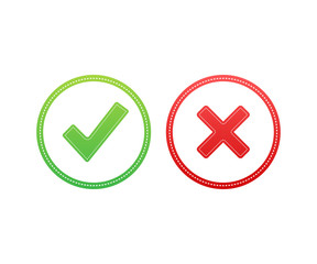 Tick and cross signs. Green checkmark OK and red X icon. Symbols YES and NO button for vote. Vector stock illustration