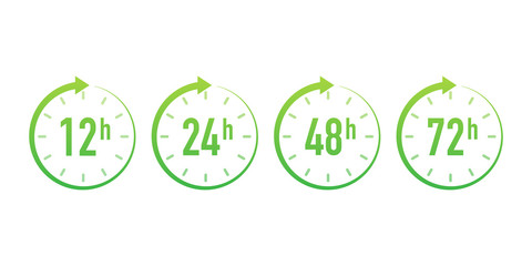 12, 24, 48, 72 hours clock arrow. Work time effect or delivery service time. Vector stock illustration.