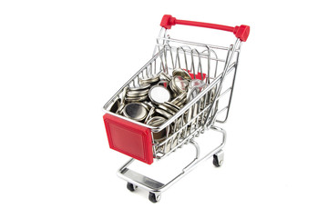 The batteries for the watch are in the supermarket basket. Isolated.