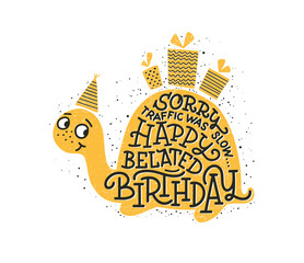 Cute turtle with Birthday greetings on white background.