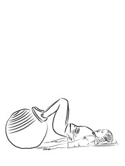 A woman is doing exercises lying on the floor, Woman doing sit ups with exercise ball in fitnes studio. Sketch. Collection of summer sports illustrations. Female power. Active lifestyle concept
