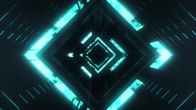 Cyberspace tunnel concept in rhombus shape. Technology background abstract neon texture. Blue light laser. Seamless loop.