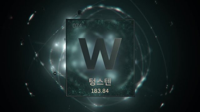 Tungsten as Element 74 of the Periodic Table. Seamlessly looping 3D animation on green illuminated atom design background orbiting electrons name, atomic weight element number in Korean language