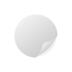 Round blank white paper sticker with peeled off corner, vector mock-up.