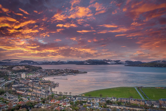 Gourock Town & Bay Over To a Snowy Gareloch and Beyondas the sun was going down with a blazing red sky.