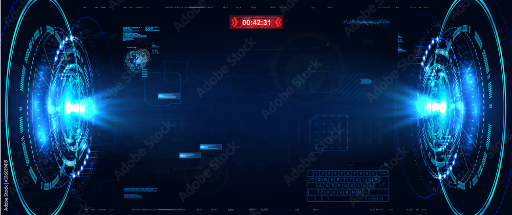 Poster HUD virtual space with a double hologram. VR Command Center. Dashboard Futuristic User Interface. Circle tech elements, innovation design for presentation. Virtual reality space. Vector illustration