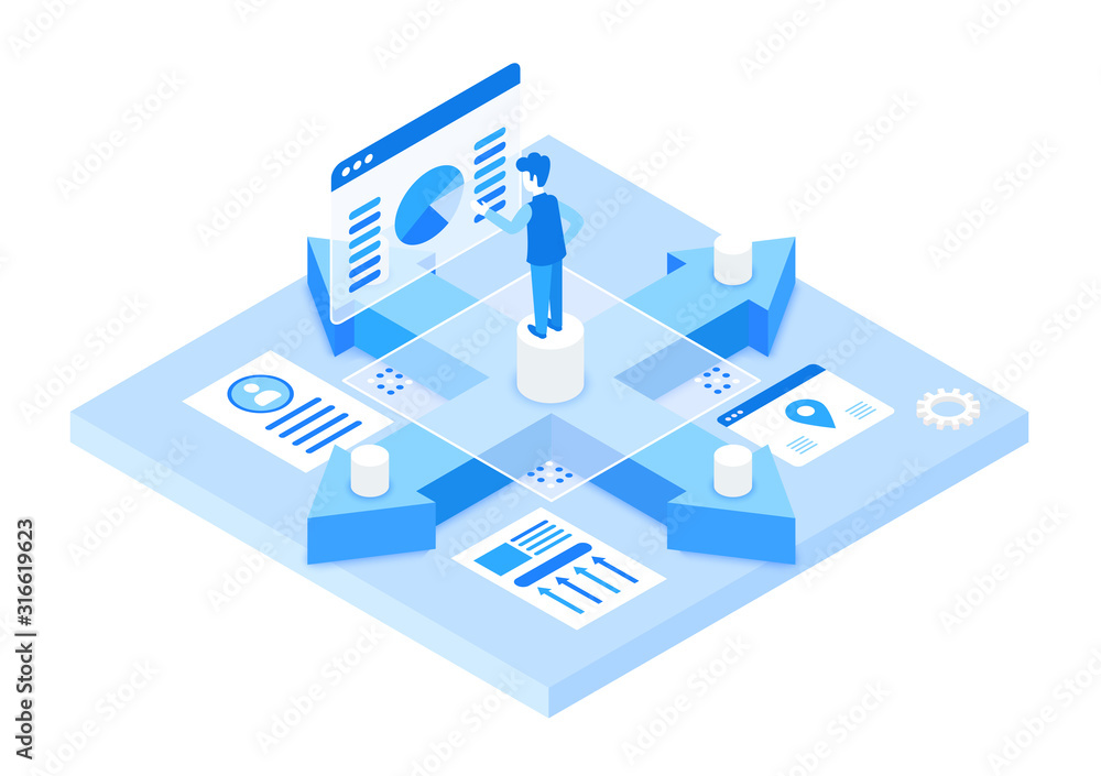 Fototapete Change the way your work isometric vector illustration. Digital information organization and analysis. SEO and computer tech. Virtual platform. Corporate management cartoon conceptual design element