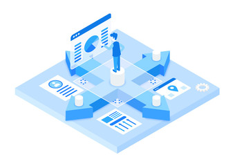 Change the way your work isometric vector illustration. Digital information organization and analysis. SEO and computer tech. Virtual platform. Corporate management cartoon conceptual design element