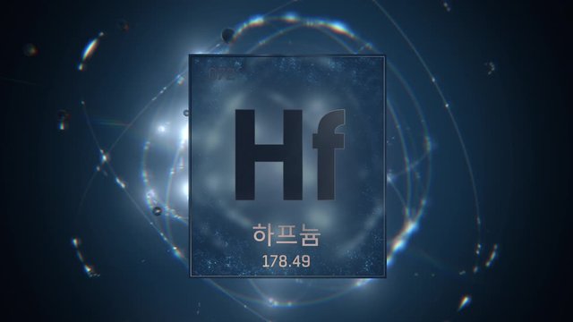 Hafnium as Element 72 of the Periodic Table. Seamlessly looping 3D animation on blue illuminated atom design background orbiting electrons name, atomic weight element number in Korean language