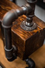 Close up detail of old water valve, shallow depth of field dark antique vintage pressure system space for advertising concept crazy abstract unique rare uk