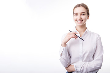 Pretty blonde white collar posing with a pencil isolated white background copyspace