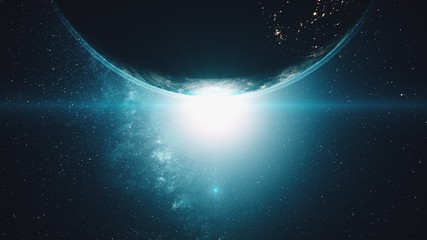Obraz na płótnie Canvas Earth from outer space night to day transition. Realistic sunrise world skyline. Planet spin zooming out. 3d render animation. Science concept. Elements of this media furnished by NASA