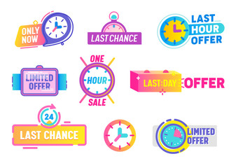 Last Chance Limited Offer Icons Set Isolated on White Background. Discount Card Collection, Multicolored Badges for Store Discount Announcement. Alarm Clock and Watch Logo Cartoon Vector Illustration