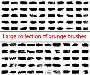 Large collection of grunge brushes. Abstract lines with a dry brush. Smears of black paint. Ink spots on a white background