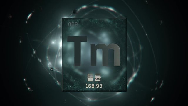 Thulium as Element 69 of the Periodic Table. Seamlessly looping 3D animation on green illuminated atom design background orbiting electrons name, atomic weight element number in Korean language