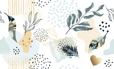 Tapeten Nahtloses exotisches Muster mit tropischen Pflanzen und Goldglitterelementen. Vektor © Tolchik