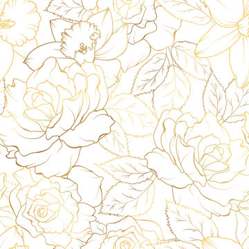 Seamless pattern with roses and daffodils on white. Vector illustration.