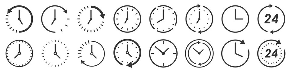 Vector Time and Clock icons in thin line style. - obrazy, fototapety, plakaty