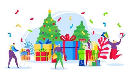 Christmas shopping sale gifts vector illustration. Happy people in shop buy new year and christmas presents. Xmas tree, decorated boxes, cart. Winter holidays season discounts.
