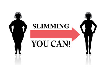 a fat female silhouette goes on a diet and becomes thin. Red arrow and motivate text