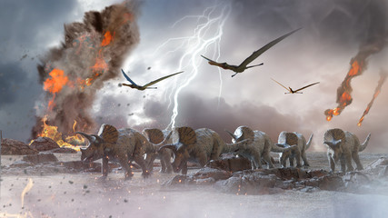 concept destruction of dinosaurs by a falling   meteorite, 3d render © de Art