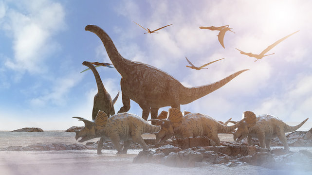 Fototapeta different dinosaurs on prehistoric background of nature, 3d render