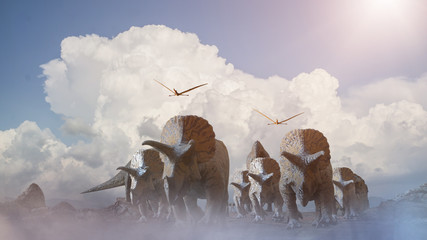 different dinosaurs on prehistoric background of nature, 3d render © de Art