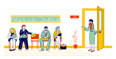 People Waiting Job Interview Sitting in Office Lobby on Chairs. Applicants with Cv Documents Hiring Work. Female Hr Agent Invite Worried Candidate to Cabinet Cartoon Flat Vector Illustration, Line Art