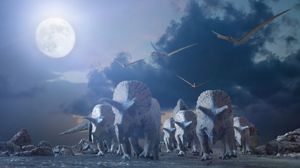 different dinosaurs on prehistoric background of nature, 3d render © de Art