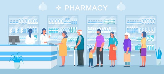 Pharmacy, people medicines buyers queue, smiling pharmacist seller vector illustration. Different pharmacy clients pregnant woman, elderly, man with child stand in line. Shelves with drugs.