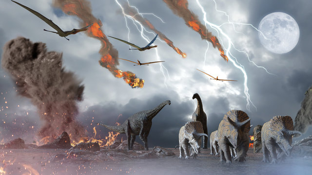 concept destruction of dinosaurs by a falling   meteorite, 3d render