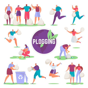 Plogging, people run and collect trash, plastic for recycling vector illustration isolated collection set. Men and women ecological activists ploggers with garbage bags jog and clean environment.