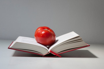 libro abierto con tomate rojo entre las hojas