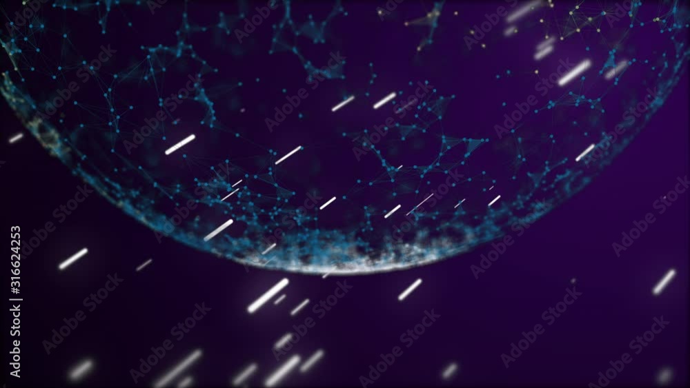 Poster glittering colorful spaceships flying up to the planet in abstract green plexus pattern.