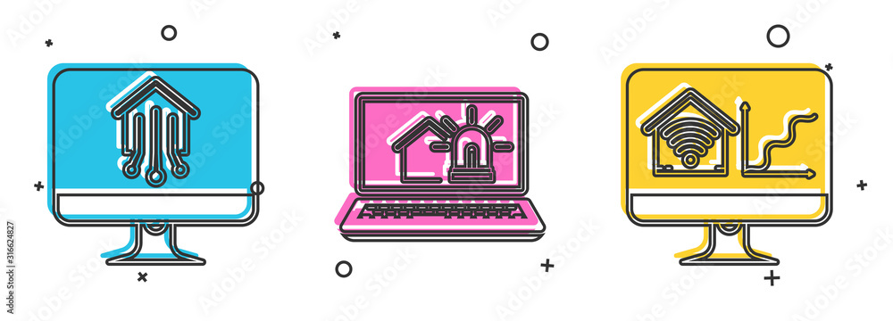 Poster set computer monitor with smart home, laptop with smart house and alarm and computer monitor with sm