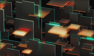 abstract 3d digital sci-fi technology background with neon hi-tech glow metal plates in future broadcast style looks like spaceship