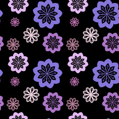 Seamless repeat pattern with flowers in pink, lilac, purple  on black  background. drawn fabric, gift wrap, wall art design, wrapping paper, background, fabric print, web page backdrop.