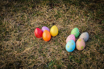 9 bunte Ostereier auf der Wiese 