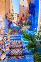 Fotobehang Marokko Chefchaouen, een stad met blauw geschilderde huizen en smalle, mooie, blauwe straatjes, Marokko, Afrika