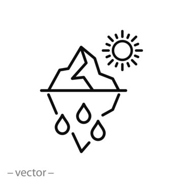 Iceberg Melting Icon, Sun And Glacier, Change Climate, Problem Global Warming, Thin Line Web Symbol On White Background - Editable Stroke Vector Illustration Eps10