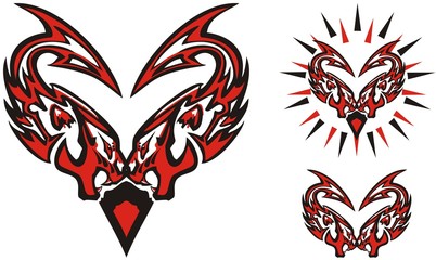 Red hearts created by tiger symbol. Three valentines - red-black heart formed by tiger elements and arrows, creative design