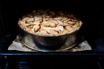 Home baking apple Tsvetaevsky aspic open pie in the oven, close-up. Baking concept. Family dinner....