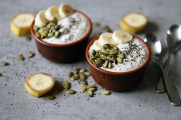 Chia pudding with pumpkin seeds and banana. Healthy breakfast or snack. Keto diet. Keto dessert. Sugar free dessert