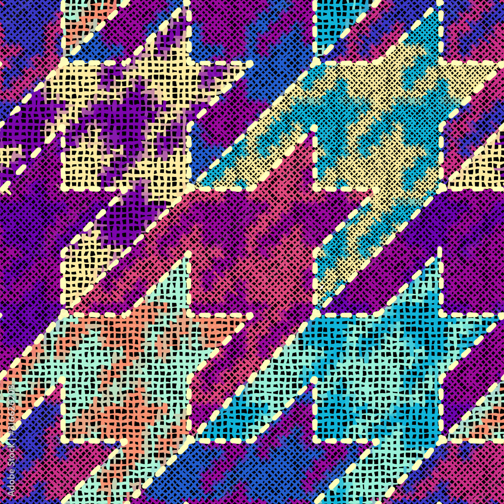 Aufkleber Imitation of indian patchwork pattern with texture canvas Hounds-tooth pattern. Vector seamless image.