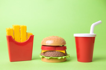 Fast food restaurant elements abstract on green. Space for copy.