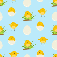 Cute blue cartoon seamless pattern with sunny yellow chicken in grass, in eggs and flying. Childish orange vector birds texture for kids print design, spring Easter wrapping paper, textile, wallpaper