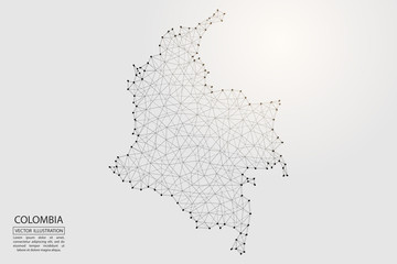 Obraz premium A map of Colombia consisting of 3D triangles, lines, points, and connections. Vector illustration of the EPS 10.